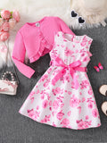 Kinderkleidung Mädchen Herbstmode Freizeit Rosa Blumiges Kleid Set 2-teilig - Rosa Rundhals-Weste + Rosa Blumenrock
