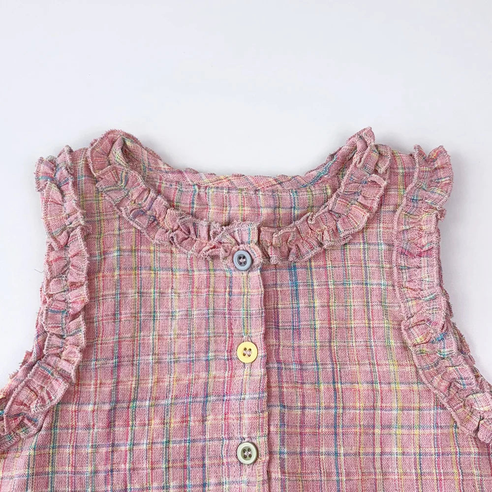 Rosa zweiteiliges Sommer-Set für Mädchen mit einreihigem ärmellosem Oberteil und Freizeithose, neue Kinder-Sets Kinderkleidung