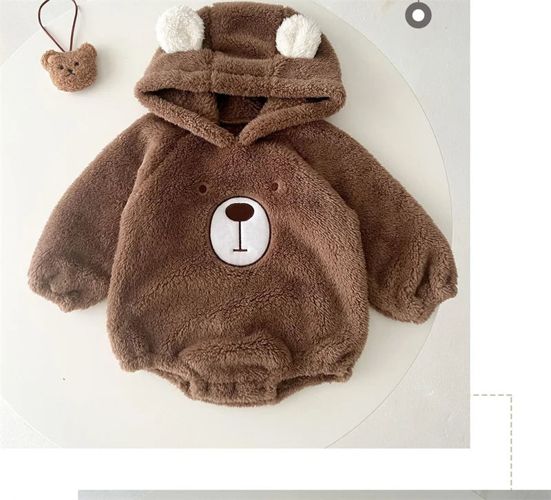 Baby Clothing Autumn Winter Cute Hooded Cartoon Bear Baby Crawling Clothes Pajamas Warm Double-sided Plush Jumpsuit Trousers Set
