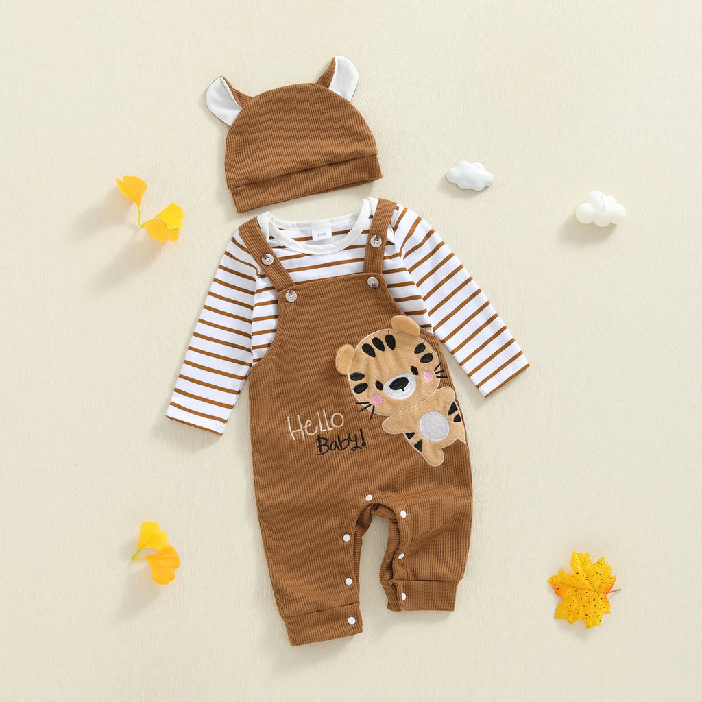 Tregren 0–18 Monate Baby Jungen Bekleidungssets Modischer Langarm gestreifter Strampler mit Tiger bestickter Latzhose und Hut