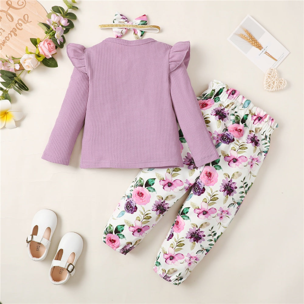 Conjunto de ropa de niña de 1 a 5 años, manga larga, top de color sólido + pantalones florales, conjunto de ropa de moda de primavera y otoño para niña pequeña