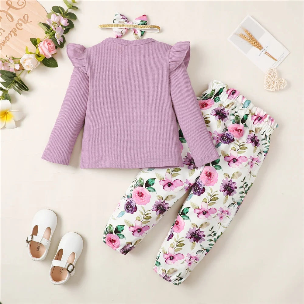 Conjunto de ropa de niña de 1 a 5 años, manga larga, top de color sólido + pantalones florales, conjunto de ropa de moda de primavera y otoño para niña pequeña