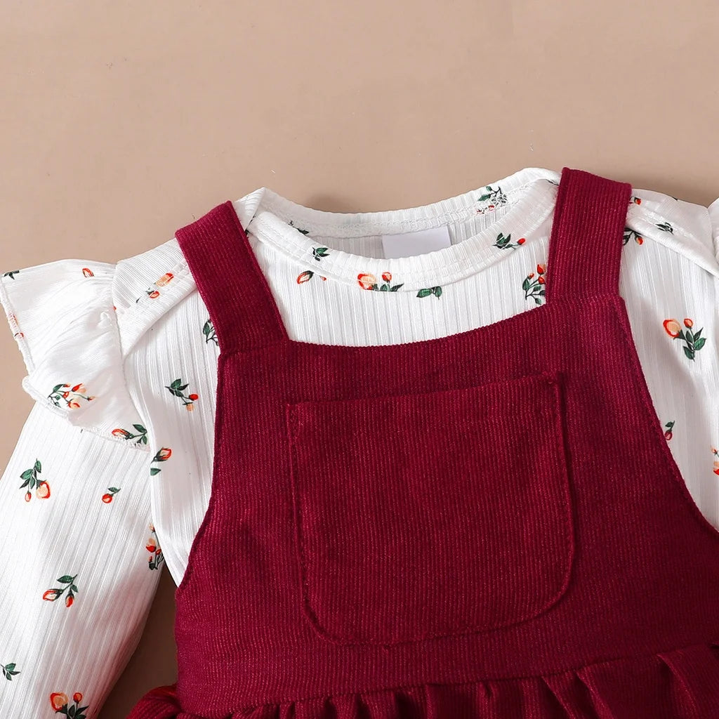 2-teiliges Neugeborenen-Baby-Geburtstags-Prinzessinnenkleid-Set Langarm-Strampler + roter Trägerrock für kleine Mädchen 0-18 Monate Neujahrs-Outfits