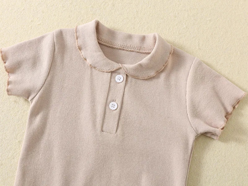 Neugeborene Sommer Baby Mädchen Kleidung Revers-Jumpsuits Einfarbige Kurzarm Baumwoll-Bodys Babykleidung 0–24 Monate
