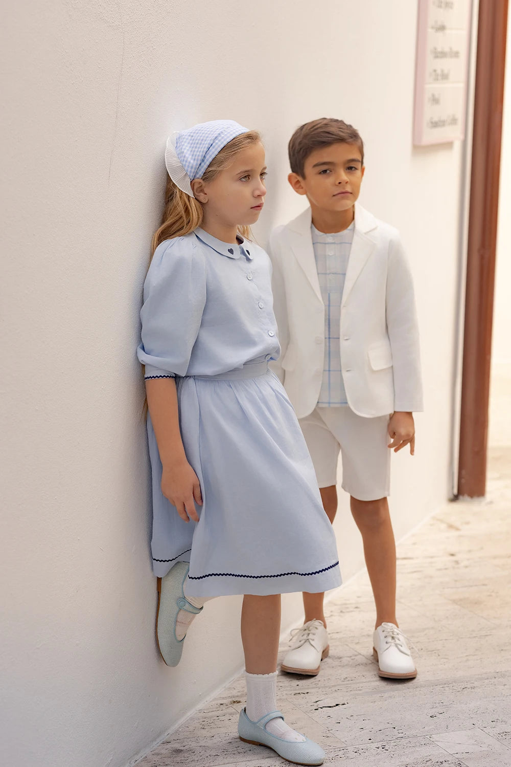 AP Barcelona Blue collection Girls Dress Embroidery Brothers Sisters Family Matching Clothing Boys Plaid Set Knit Top