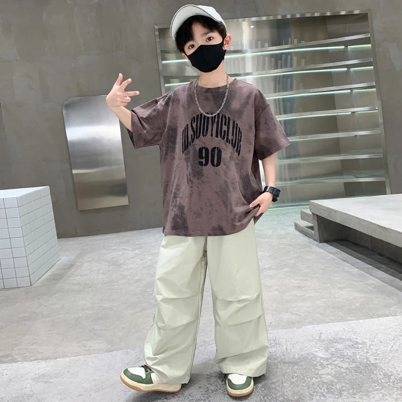 Jungen Sommerkleidung Oberteil und Hose Set für Teenager Kinder Freizeit Baumwoll-Outfit Anzug Braun Farbe Kinder Baumwollkleidungsset
