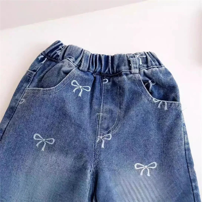 Girls Spring Autumn Jeans New Children Fashion Print Bow Loose Pants Kids Trends Wide Leg Trousers  Baby Casual Baggy Clothing
