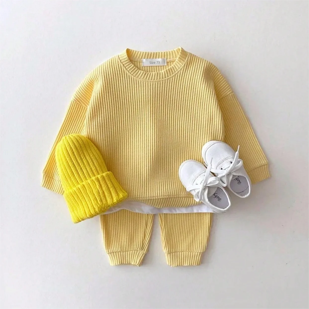 Baby Waffle Material Clothing Suit For Boys and Girls Sweatshirt+Trousers Two-piece Baby Clothing Suit for Spring and Autumn