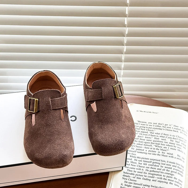 Baby Single Leather Shoes Boys Girls Candy Color Spring Flats Children Metal Buckle Design Genuine Leather Flats For School
