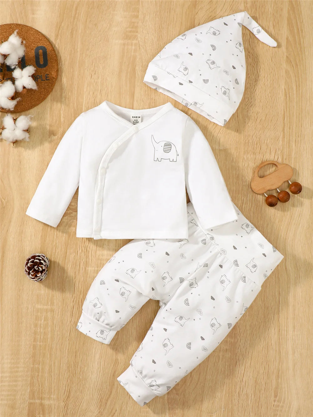 Conjunto de ropa diaria de 3 piezas para bebé niño/niña, top de manga larga con elefante + pantalón + gorro, trajes de primavera y otoño para bebés de 0 a 9 meses