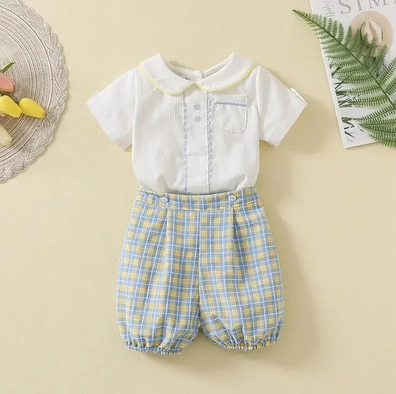 Spanish Toddlers Clothing Baby Boys Clothes Boutique Sets Outfit White Shirt Short 2pcs Plaid Pants Children Costume Kids Casual