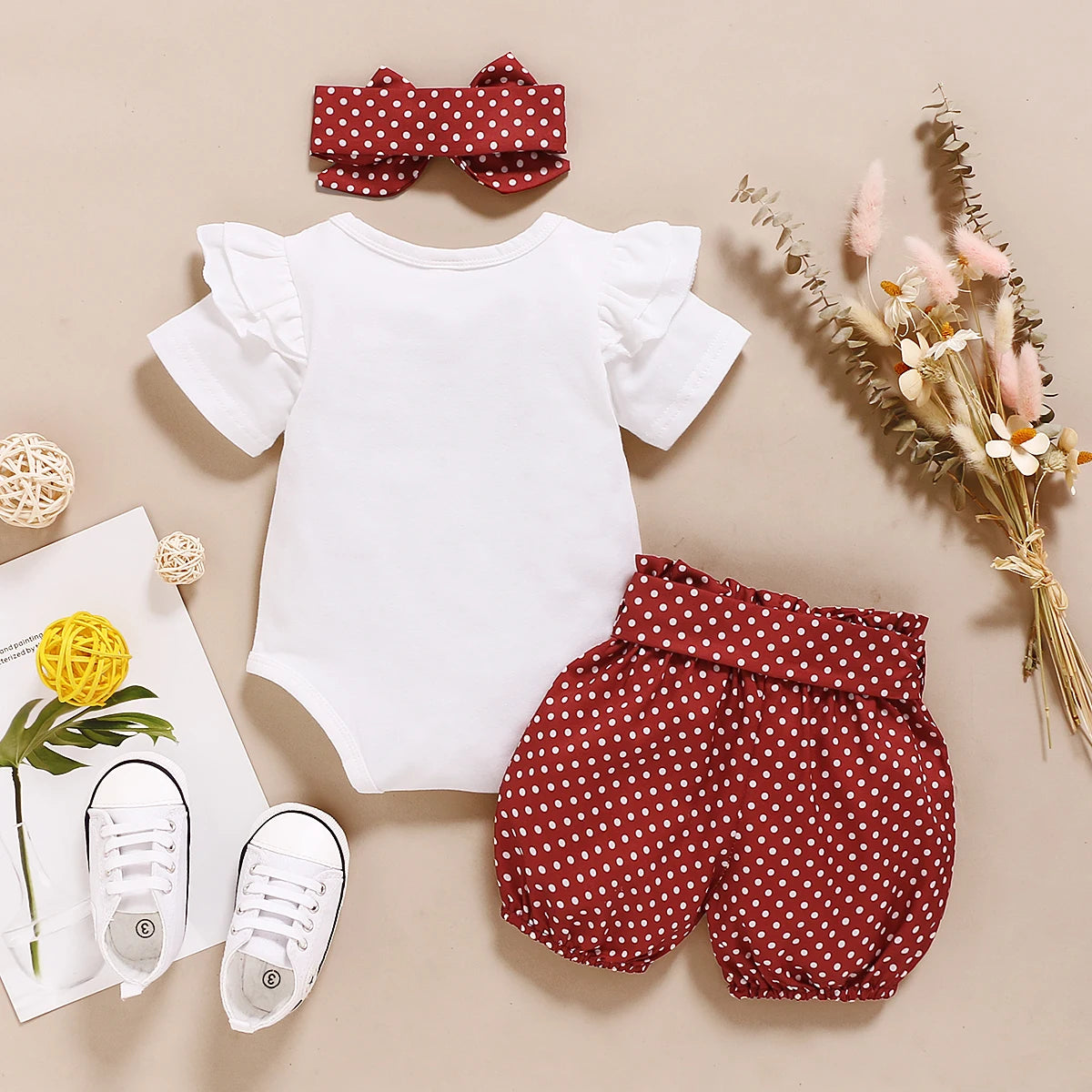 0-18Months Infants Baby Girl Set Black Short Sleeve Bodysuit+Polka Dot Shorts+Headband Toddler Girl Summer Fashion 3PCS Clothing