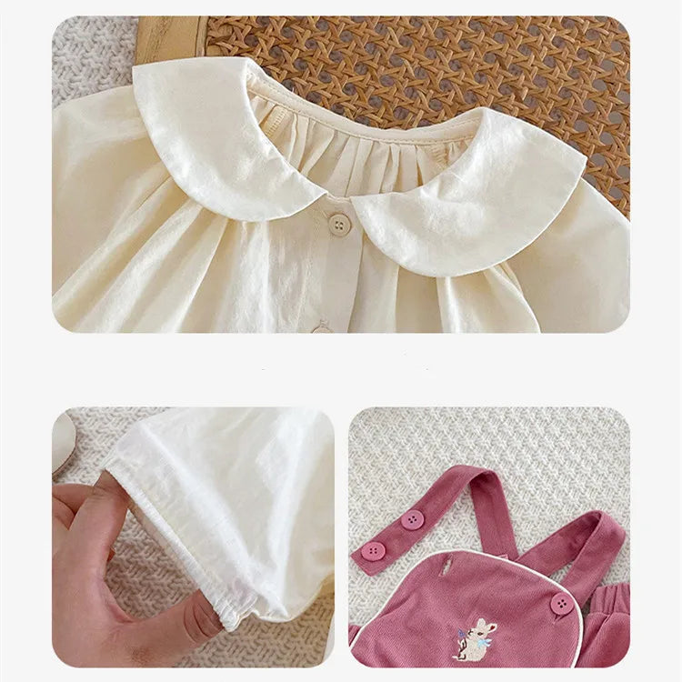 Baby Girl Two Piece Set Newborn Autumn Korean Children Clothing Baby Girls Solid Color Shirt Suspender Pants Cute Clothing