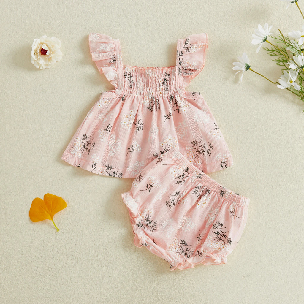 Toddler Girl Floral Print Flutter Sleeve Top and Shorts Set for Summer Cute 2 Piece Outfit for Casual Wear