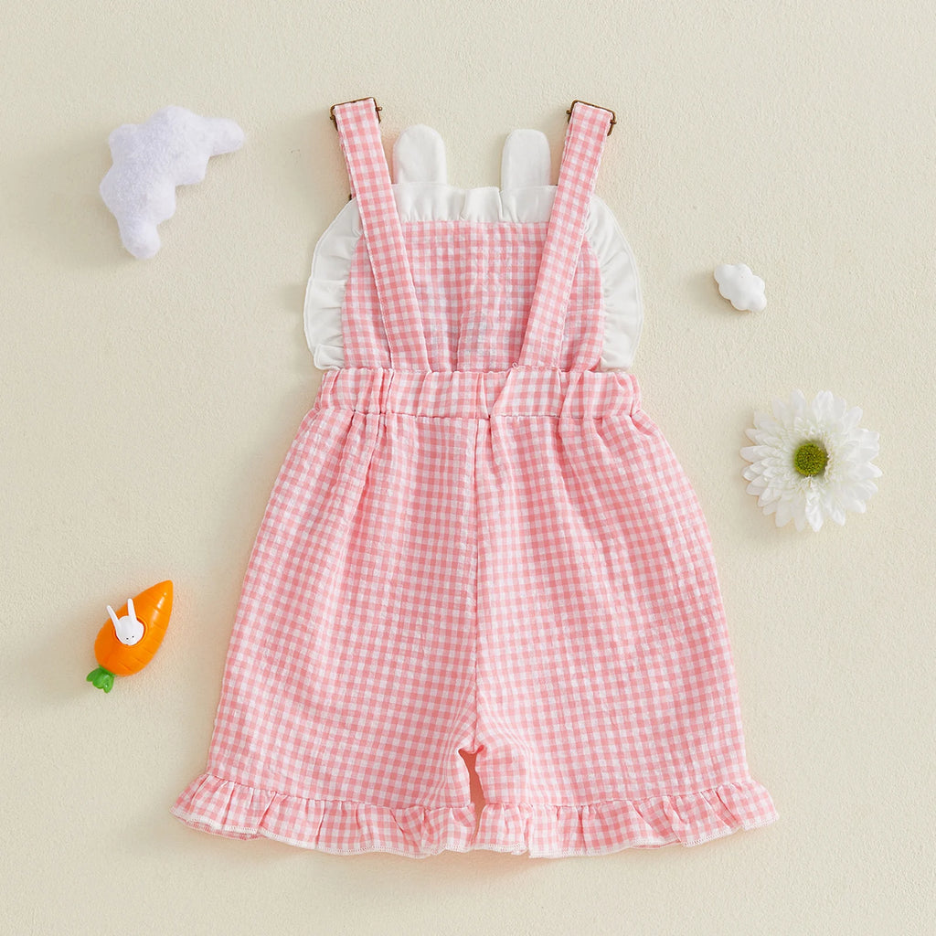 Kinder Mädchen Hasen Overall mit Taschen Niedlicher Hase Rüschenbesatz Ärmelloser Jumpsuit Shorts für Ostern