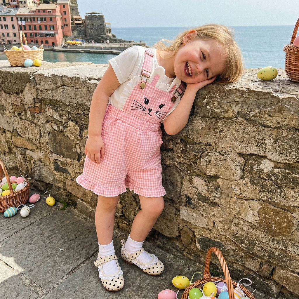 Kinder Mädchen Hasen Overall mit Taschen Niedlicher Hase Rüschenbesatz Ärmelloser Jumpsuit Shorts für Ostern