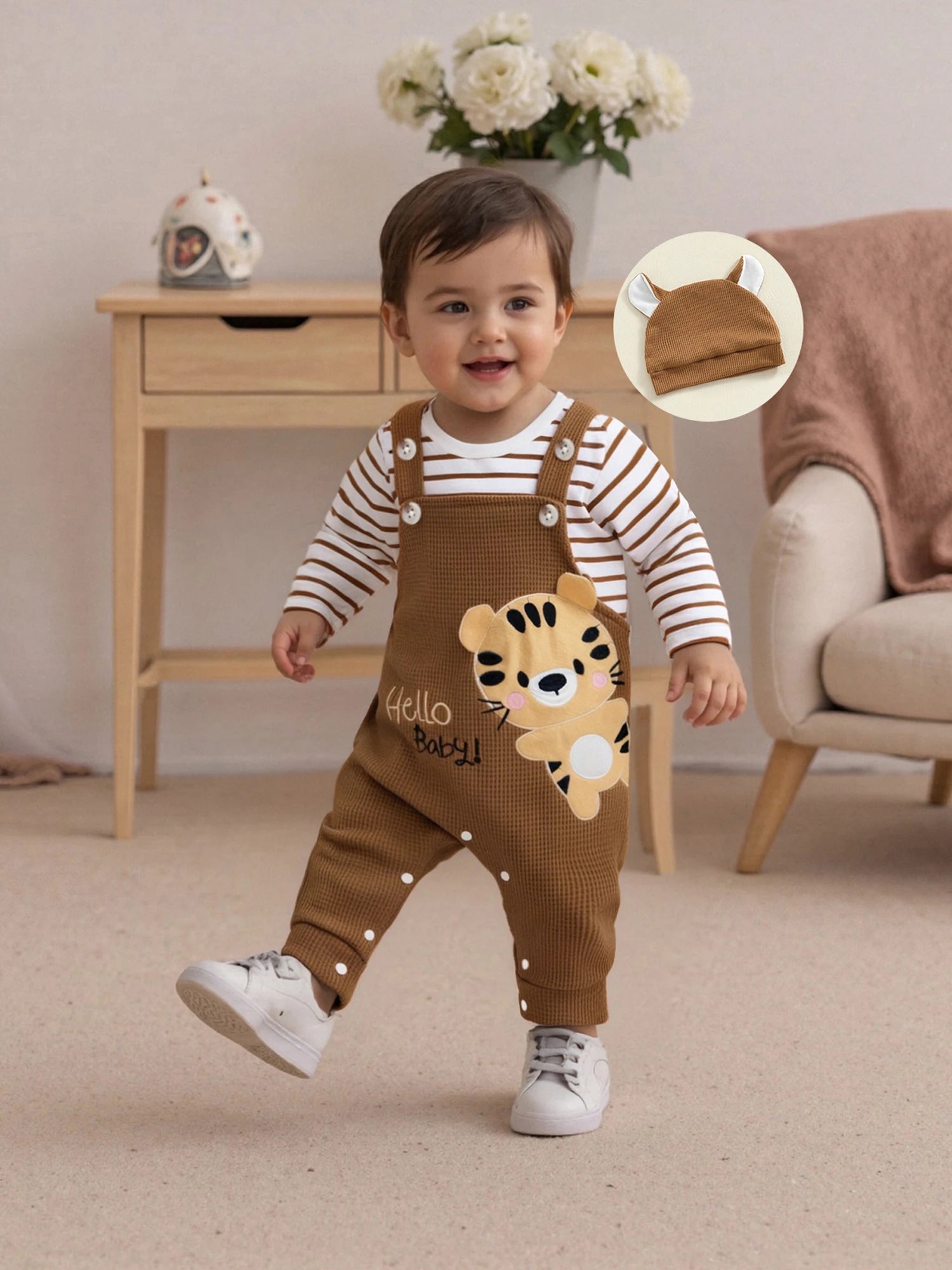 Tregren 0–18 Monate Baby Jungen Bekleidungssets Modischer Langarm gestreifter Strampler mit Tiger bestickter Latzhose und Hut
