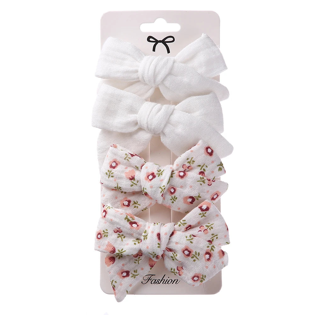 4Pcs/Set Baby Bows Hair Clips Muslin Girls Hairpins Hairclip For Kids Cotton Linen Barrette Flower Print Side Pin  Accessories