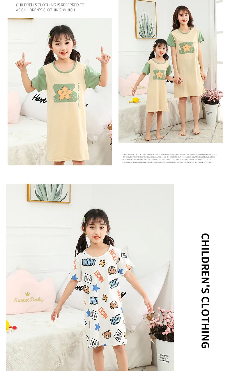Summer Mom Daughter Night Dress Family Pajamas Sleepwear Kids Girl Nightgown Pajamas for Teen Girls Kids Pajamas Dress