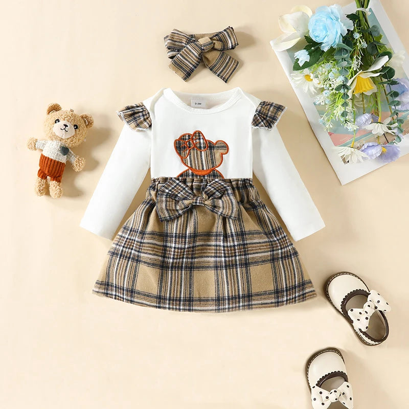 Baby Clothing Set Bodysuits Skirts Hairband 3-Piece Sets for Newborn To 18 Months Cartoon Bear Design for Baby Girls Clothing