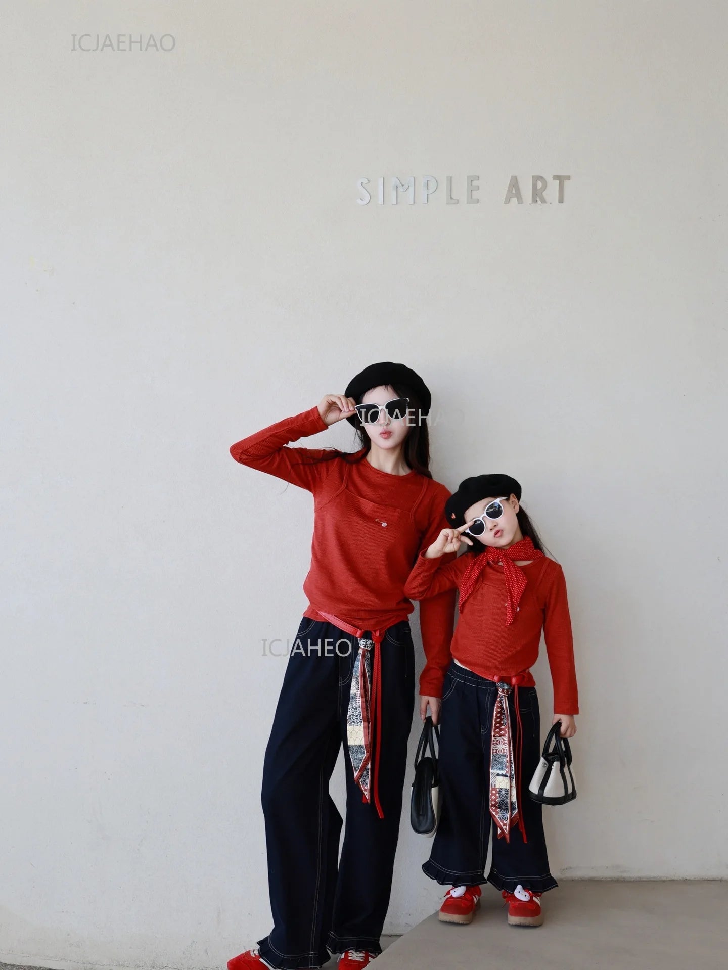 Matching Mother Daughter Children Orange Casual Outfit Straight Leg Jeans with Ribbon Trim Wide Leg Soft Denim Pants and Top Set