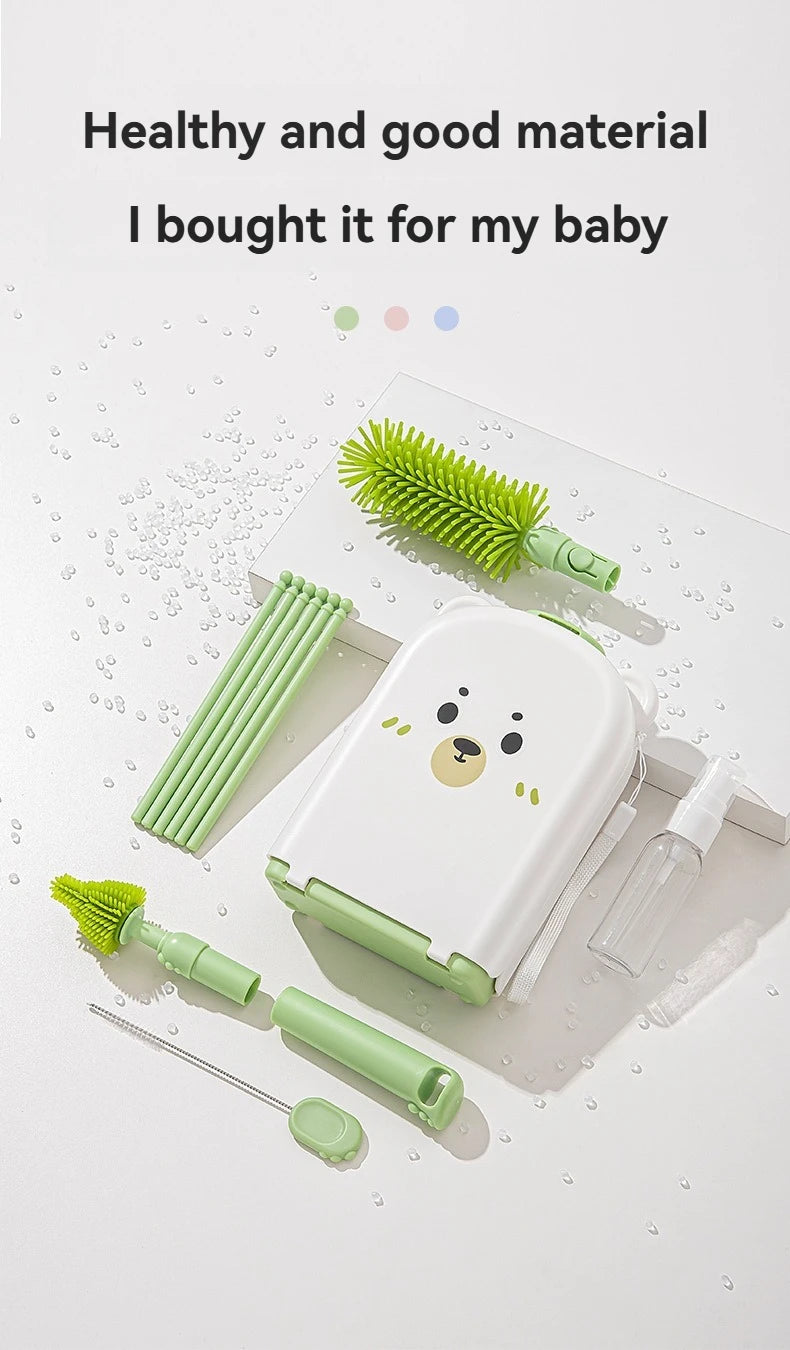 Travel Baby Bottle Brush Set - Newborn Safe Silicone Cleaning Brushes with Storage Box for Bottles, Nipples & Accessories