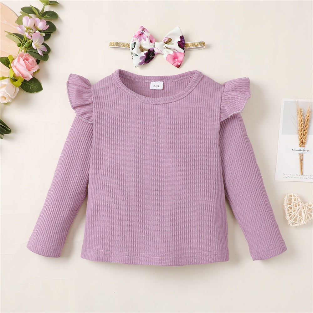 Conjunto de ropa de niña de 1 a 5 años, manga larga, top de color sólido + pantalones florales, conjunto de ropa de moda de primavera y otoño para niña pequeña