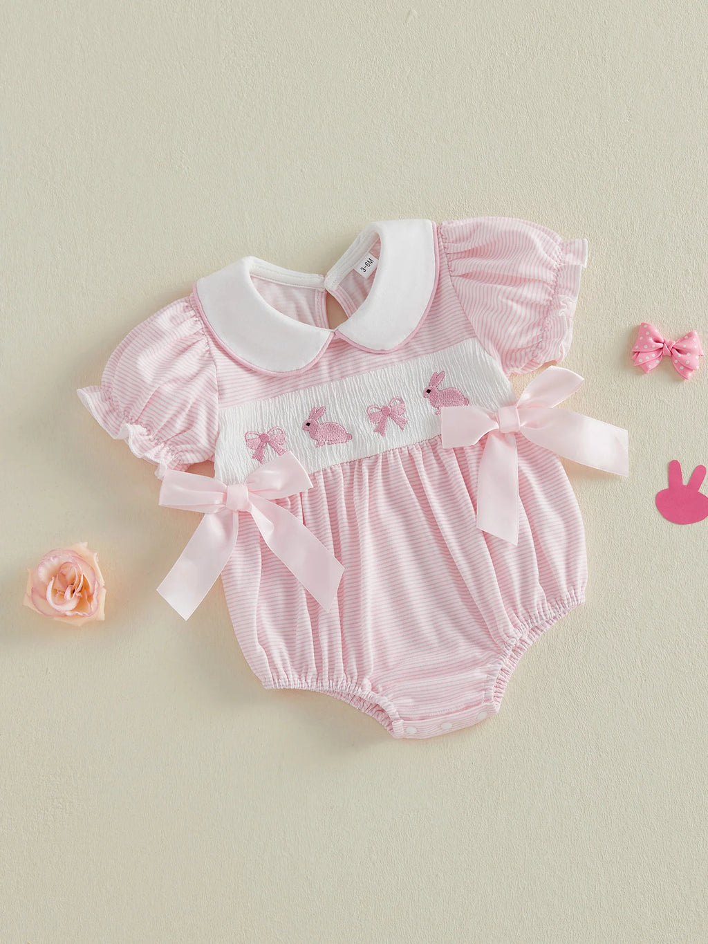 Mädchen Baby Oster-Outfit Strampler mit Hasen-Stickerei, Bubikragen und kurzen Puffärmeln, niedliche Osterkleidung
