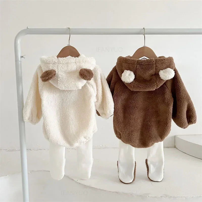 Baby Clothing Autumn Winter Cute Hooded Cartoon Bear Baby Crawling Clothes Pajamas Warm Double-sided Plush Jumpsuit Trousers Set