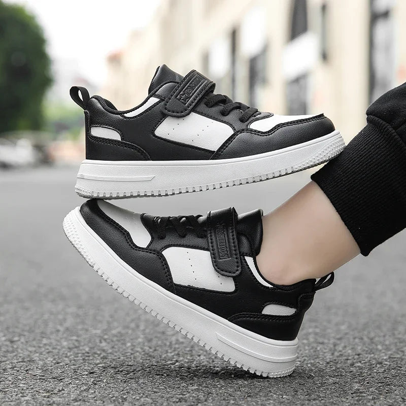 Boys Shoes Sneakers Leather Children Comfortable Flat Shoes Black White Shoes for Kids Girls School Walking Footwear Non Slip