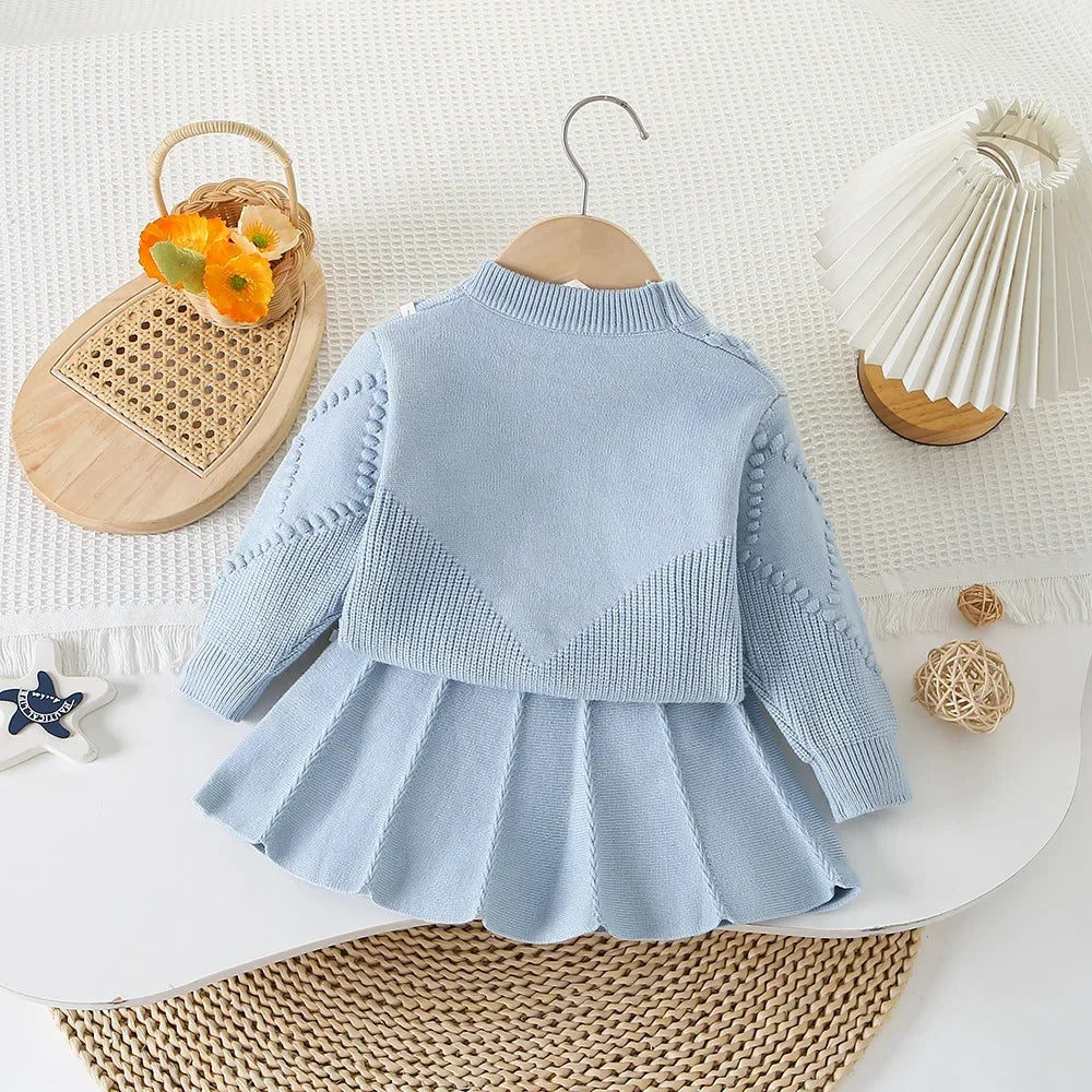 Children's Clothing Sets Bow Knit Top + Pleated Skirt Winter Baby Girl Clothes Knit Sweater for 2 -6 Years Toddler Girl Cardigan