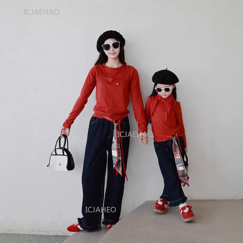 Matching Mother Daughter Children Orange Casual Outfit Straight Leg Jeans with Ribbon Trim Wide Leg Soft Denim Pants and Top Set