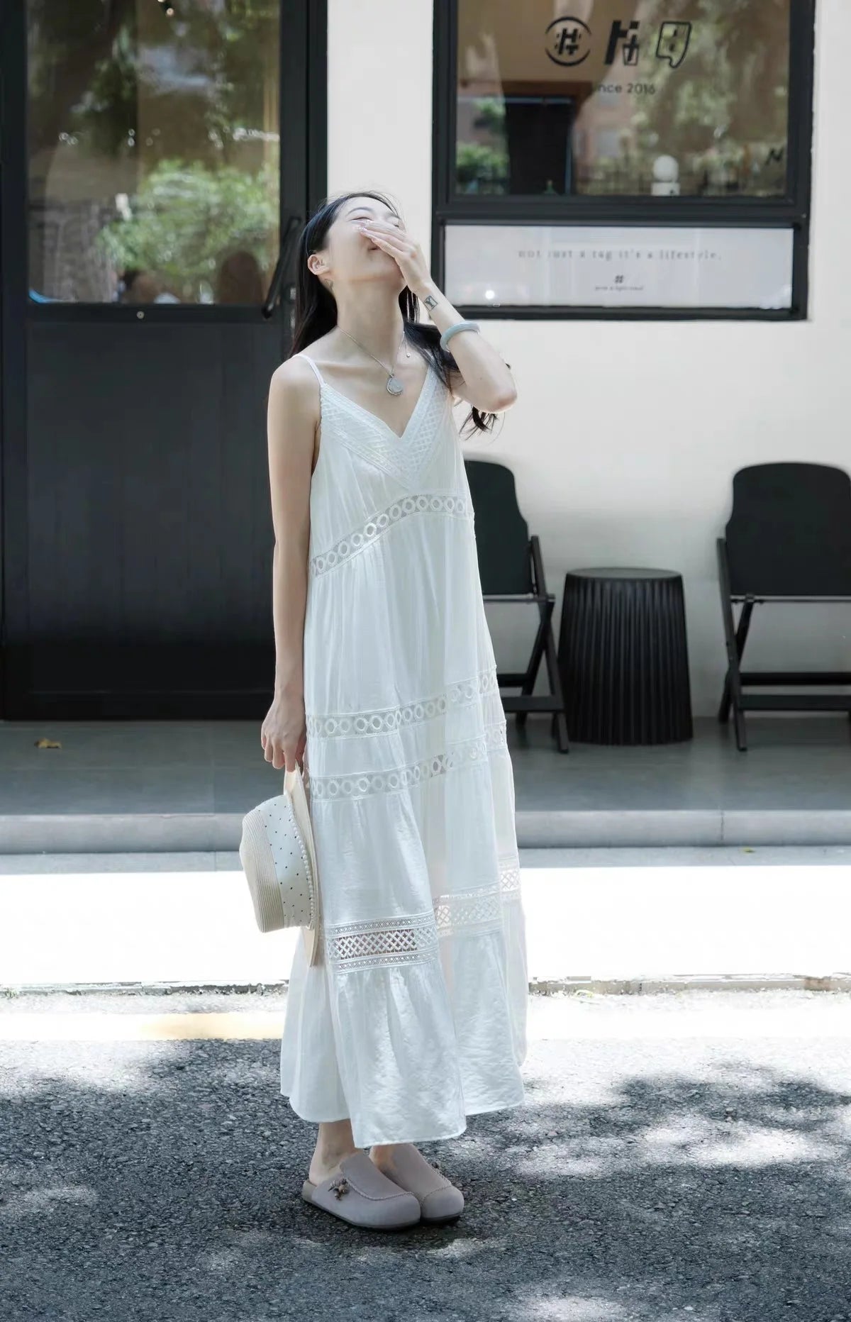 Parent Child Matching Mother and Daughter White Camisole Dresses Summer Hollow-out Embroidery Resort Style Seaside Beach Dresses