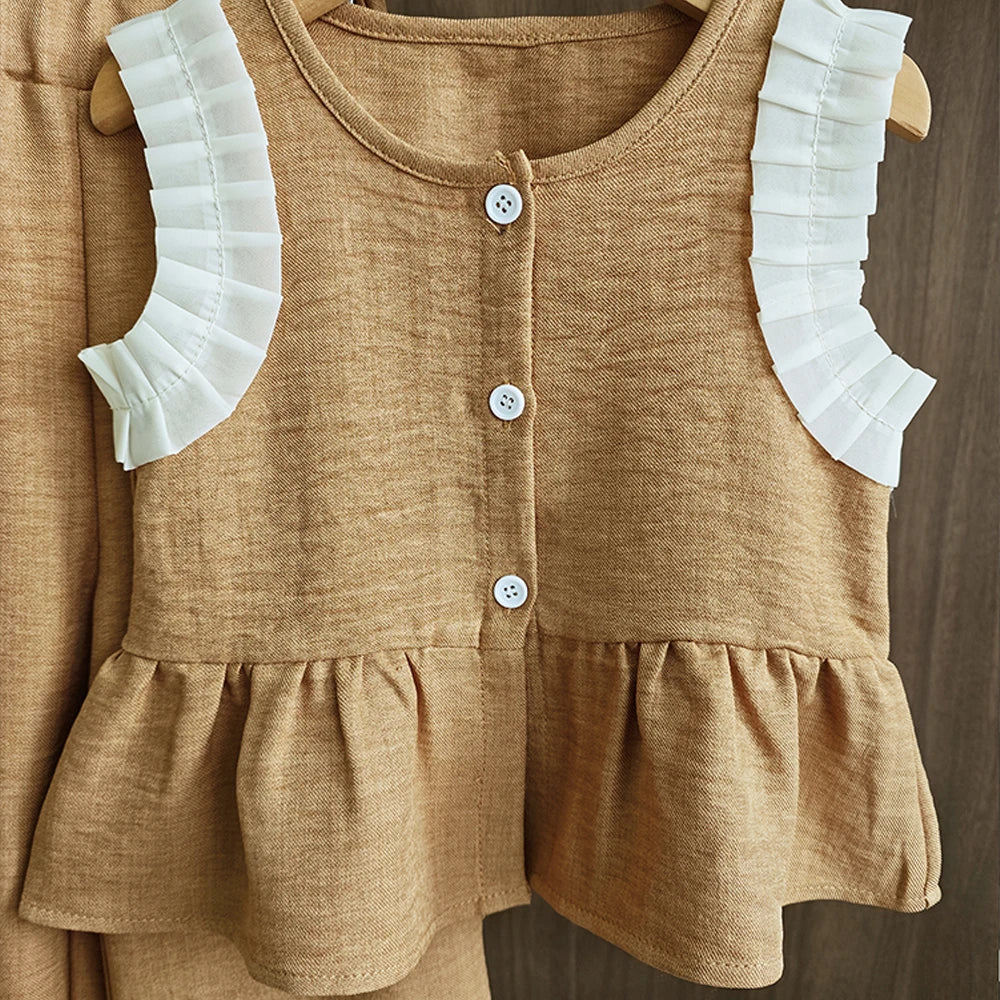 Bear Leader Koreanische Version Kinderkleidung Mädchen Blauer Imitations-Jeansanzug Sommer Neu Ärmelloses Oberteil + Weite Hose Zweiteiler Set