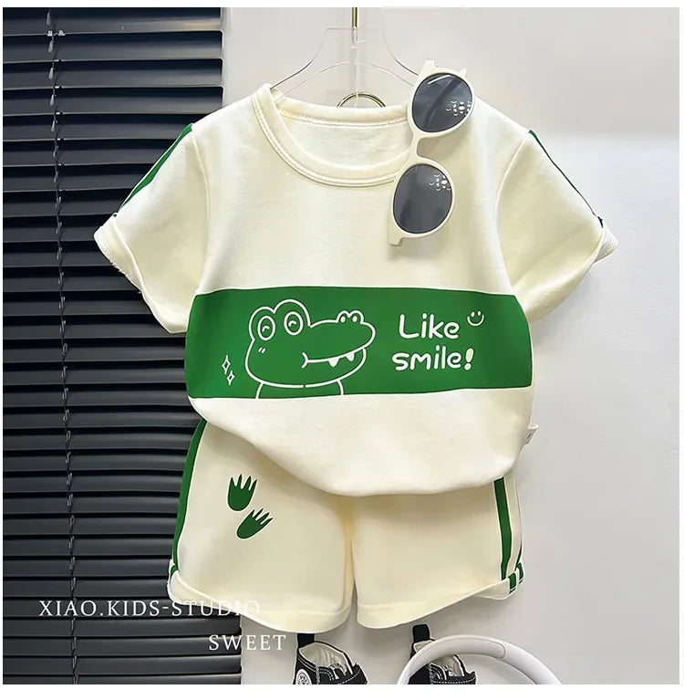 2024 Neues Kinder Kurzarm-Anzug Gestreifte Mädchen Jungen Set Sommer Oberteile + Kurze Babykleidung Kinderbekleidung