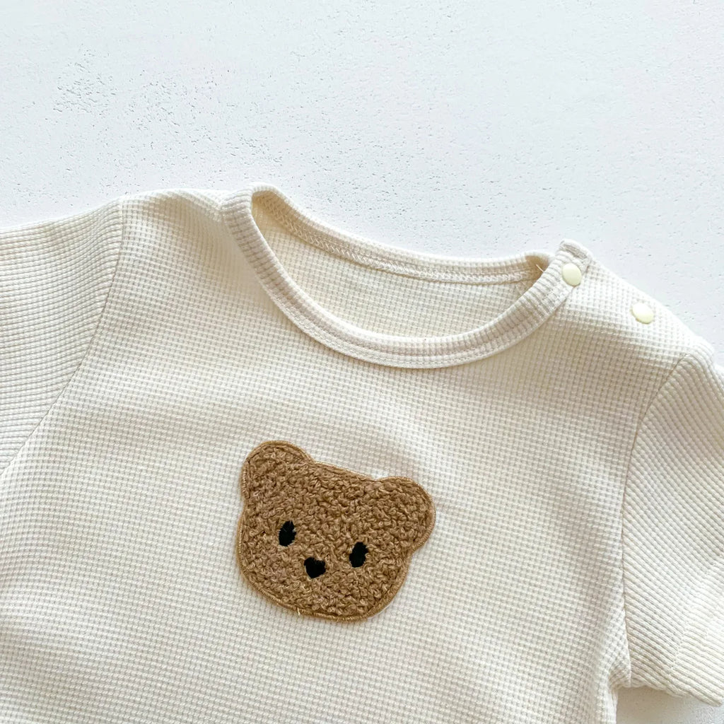 Novedad de verano para niños bebés, niñas y niños, manga corta, gofre, parche de oso, mameluco de algodón para recién nacidos, regalo, gorro con orejas