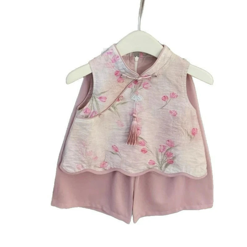 Baby Girl's Clothing  Sets Children New Chinese Style Pink Jacquard Cheongsam Vest+ Straight Leg Pants Grils Elegant Set