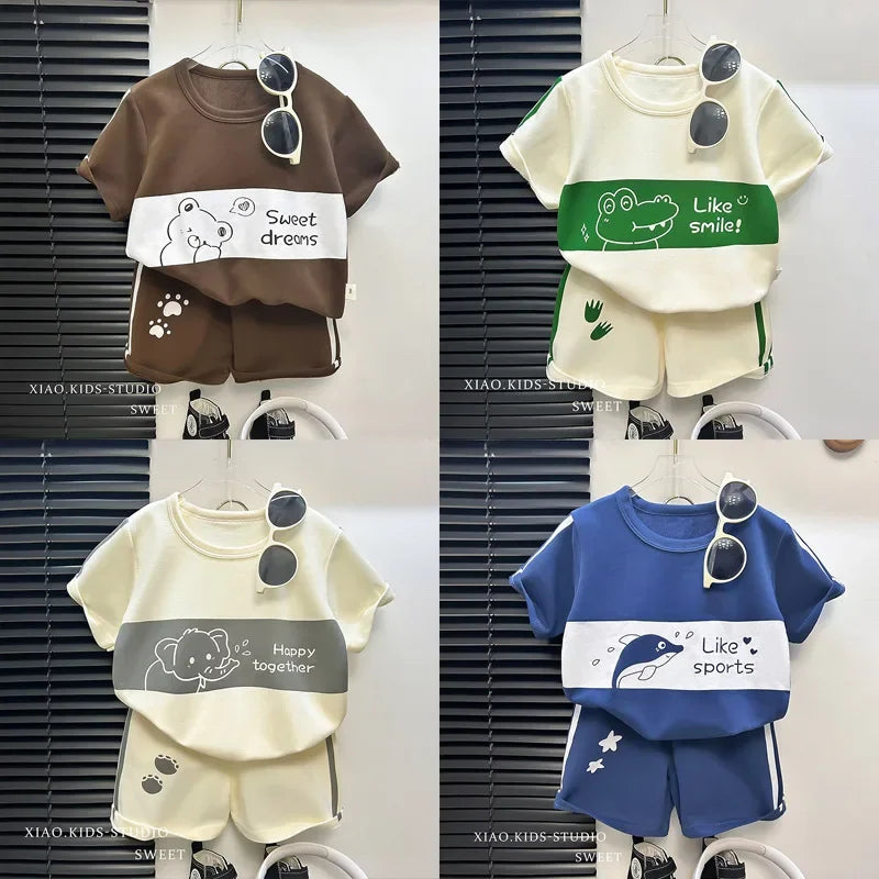 2024 Neues Kinder Kurzarm-Anzug Gestreifte Mädchen Jungen Set Sommer Oberteile + Kurze Babykleidung Kinderbekleidung