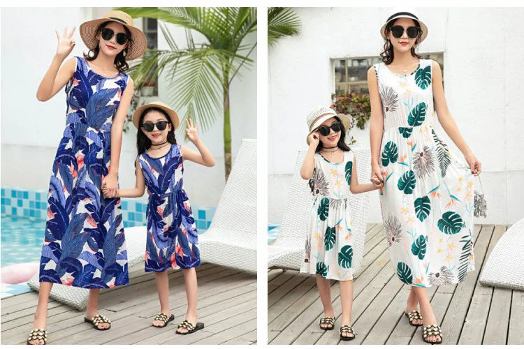 New Mother Daughter Summer Dresses Sleeveless Floral Flower Print Sundress Mom Mommy and Me Beach Dress Family Matching Outfits