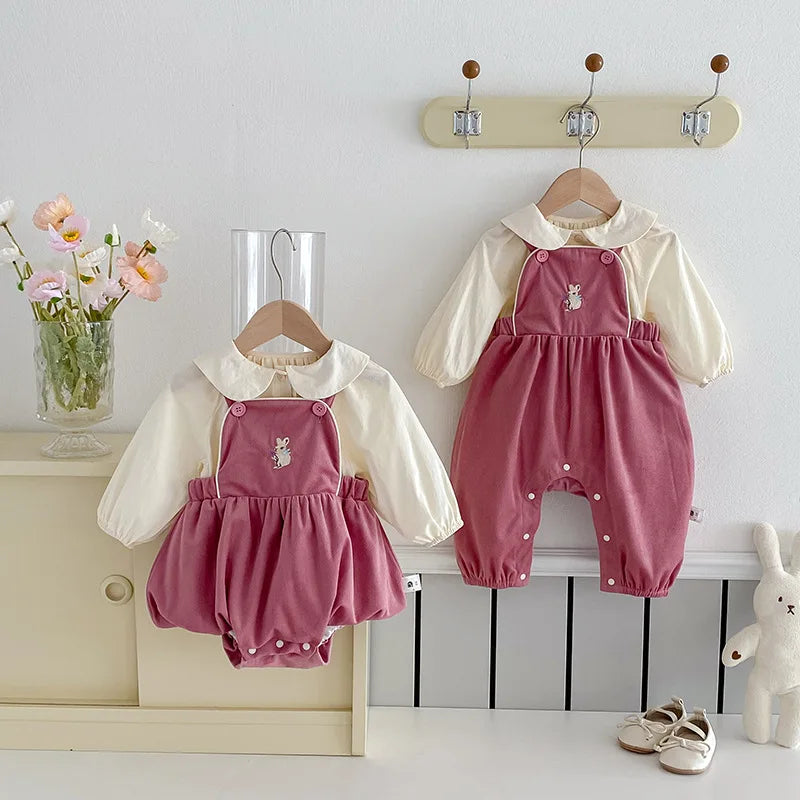 Baby Girl Two Piece Set Newborn Autumn Korean Children Clothing Baby Girls Solid Color Shirt Suspender Pants Cute Clothing