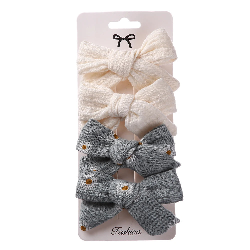 4Pcs/Set Baby Bows Hair Clips Muslin Girls Hairpins Hairclip For Kids Cotton Linen Barrette Flower Print Side Pin  Accessories