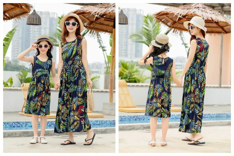 New Mother Daughter Summer Dresses Sleeveless Floral Flower Print Sundress Mom Mommy and Me Beach Dress Family Matching Outfits