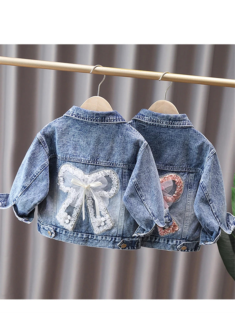 2-9 Years Babi Girls Denim Jacket New Fashion Baby Kids Jean Coats For Girls Cute Lace Bow Design Children Outerwear Clothing
