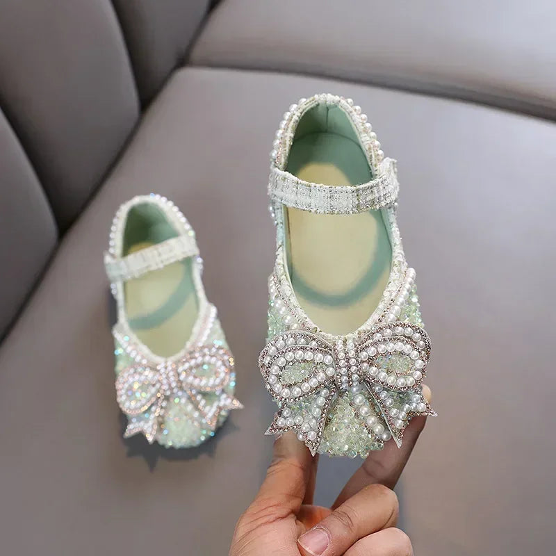 Sandalias para niñas, moda, lentejuelas, diamantes de imitación, lazo, zapatos de princesa para bebé, sandalias planas para niños, tallas 21-36