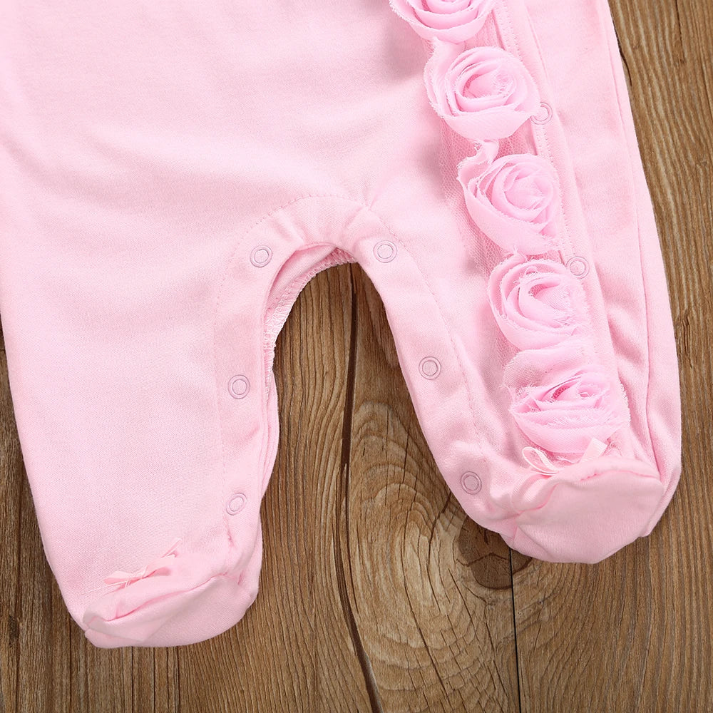 Spring  Newborn Baby Girl Clothes  2pcs Long Sleeve Lace Romper & Headband Set Cotton Flower Footies  Newborn Baby Girl Gift