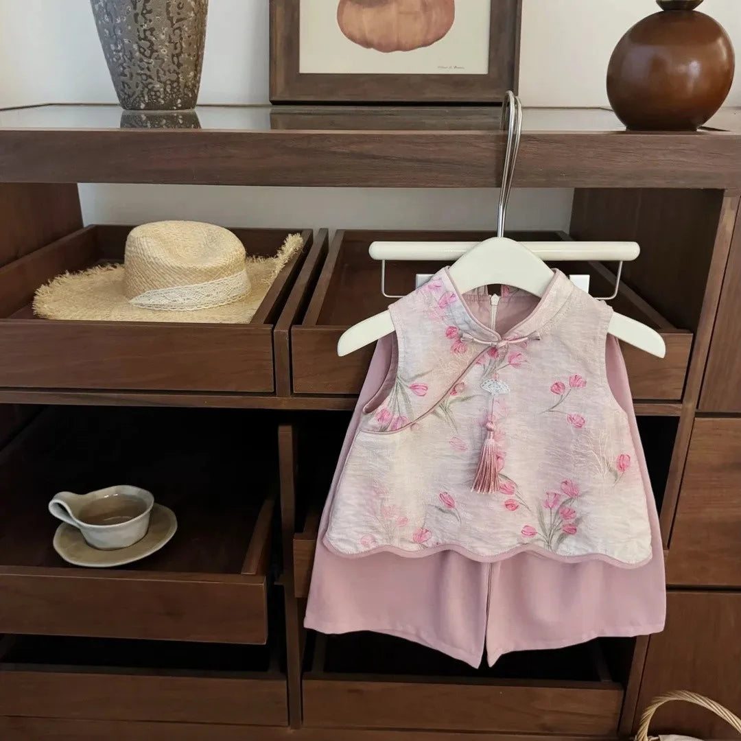 Baby Girl's Clothing  Sets Children New Chinese Style Pink Jacquard Cheongsam Vest+ Straight Leg Pants Grils Elegant Set