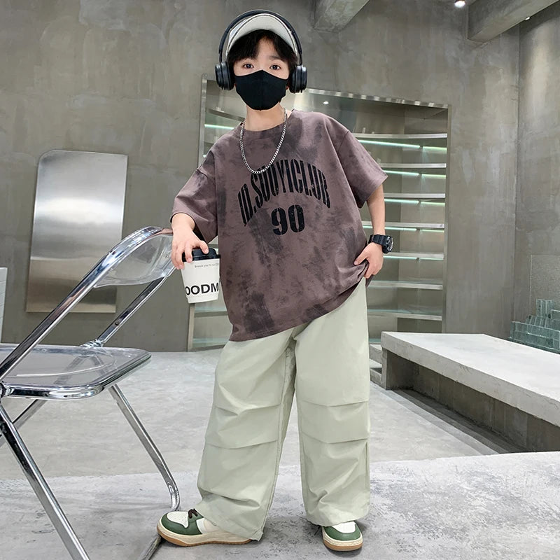 Jungen Sommerkleidung Oberteil und Hose Set für Teenager Kinder Freizeit Baumwoll-Outfit Anzug Braun Farbe Kinder Baumwollkleidungsset