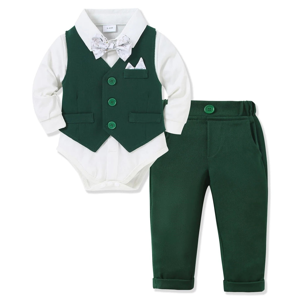 1st Christmas Costume for Infant Baby 3 6 9 12 18 24Months Boy Gentleman Solid Long Sleeve Suit Vest Romper Pants Autumn Clothes