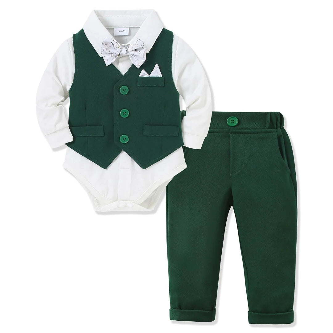 1st Christmas Costume for Infant Baby 3 6 9 12 18 24Months Boy Gentleman Solid Long Sleeve Suit Vest Romper Pants Autumn Clothes