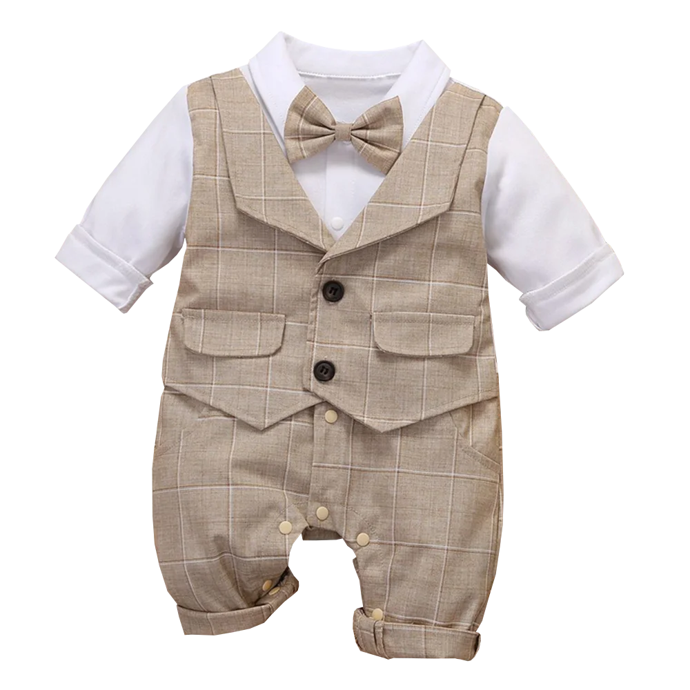 3-24M Festliches Jubiläumskleid Kleinkind Baumwoll-Partyanzug Baby Karo-Outfit Kleidung Neugeborener Jungen Weste Strampler Baby Geburtstag